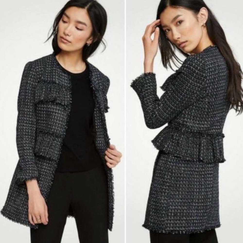 Ann Taylor Collarless Tiered Ruffle Tweed Jacket - S